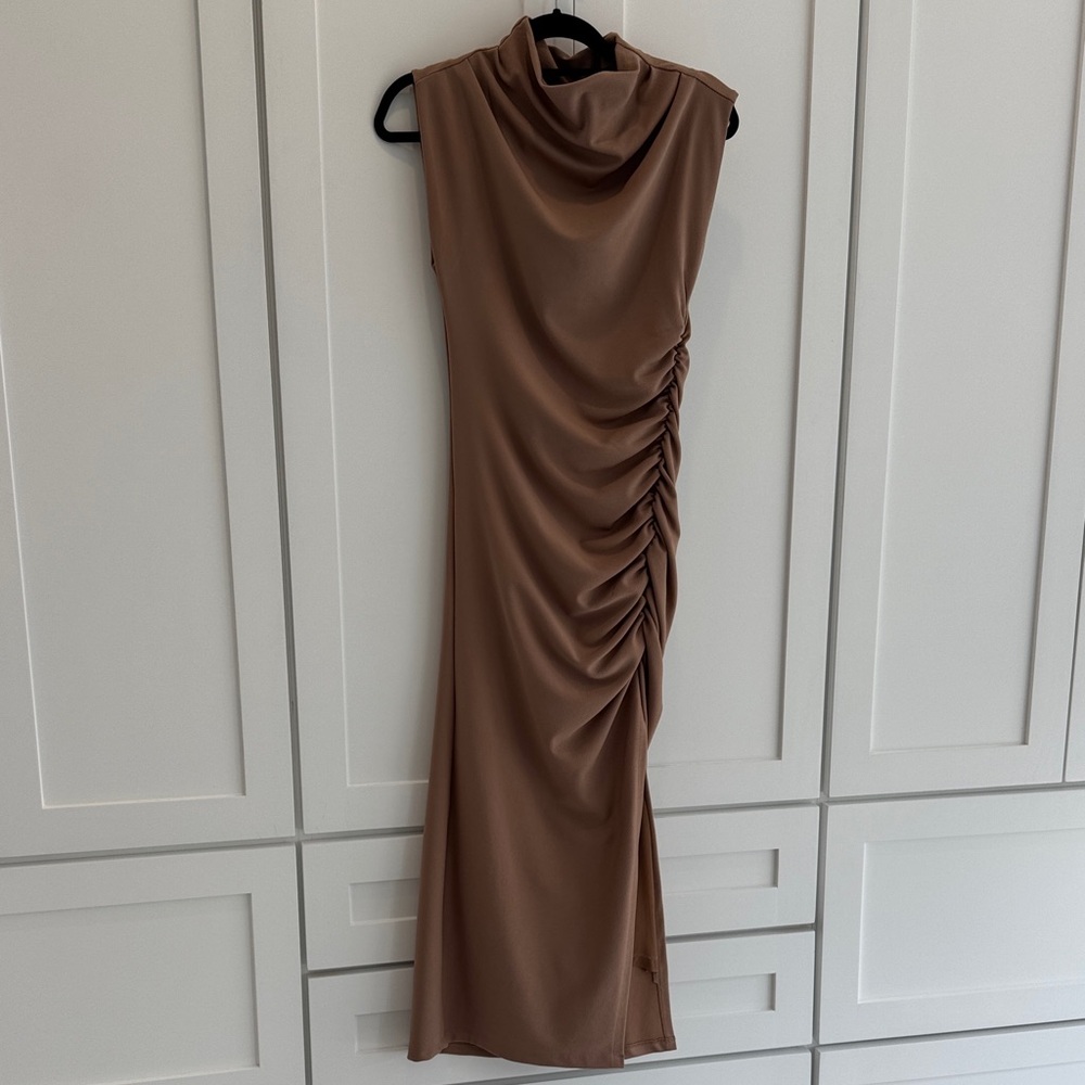 Anthropologie Tan Midi Dress with Ruched Detail